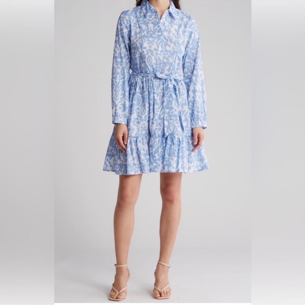 Ellen Tracy Ikat Floral Pattern Long Sleeve Shirt Dress Size Large